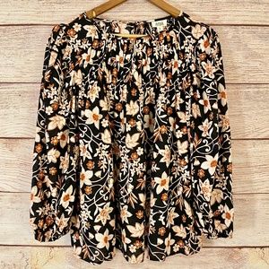 a.n.a. A New Approach Black Rust Floral Smocked Tie Back Peasant Style Blouse XL